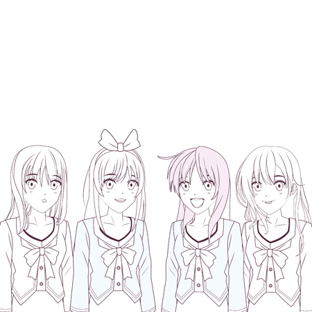 anime manga girls group black and white vector illustration graphic designのイラスト素材