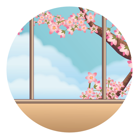 cherry tree through window round icon vector illustration graphic designのイラスト素材