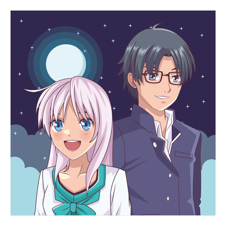 couple anime manga glasses portrait at night with moon vector illustration graphic designのイラスト素材