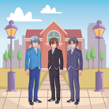 anime manga men trio cityscape vector illustration graphic designのイラスト素材