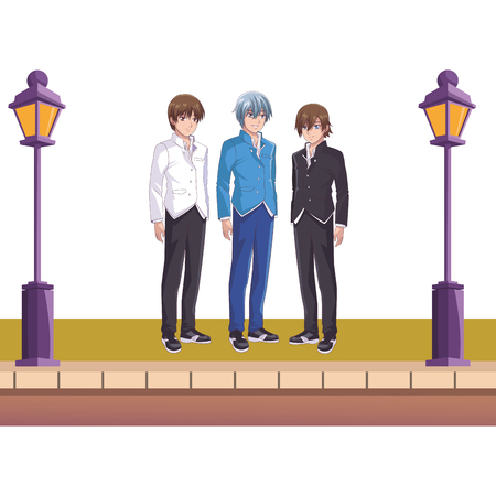 anime manga men trio sidewalk and street lantern vector illustration graphic designのイラスト素材