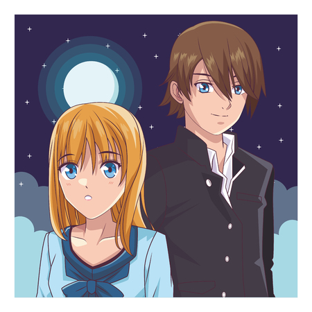couple anime manga portrait at night with moon vector illustration graphic designのイラスト素材