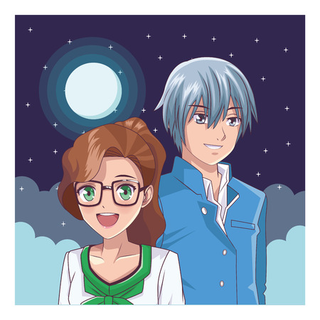 couple anime manga portrait at night with moon vector illustration graphic designのイラスト素材