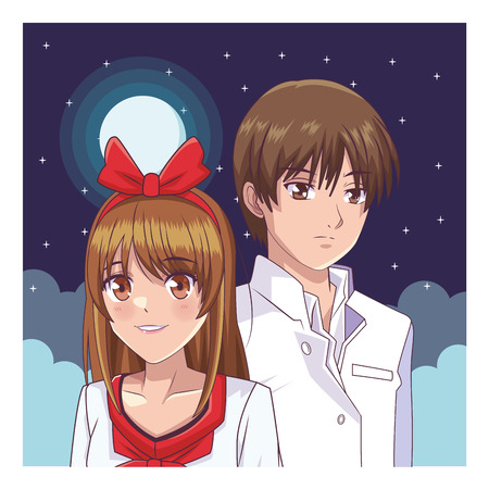 couple anime manga portrait at night with moon vector illustration graphic designのイラスト素材
