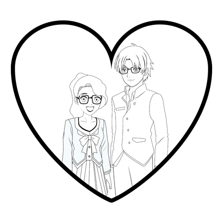 couple anime manga heart shape icon black and white vector illustration graphic designのイラスト素材