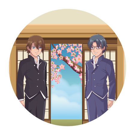 anime manga men cherry tree through door vector illustration graphic designのイラスト素材
