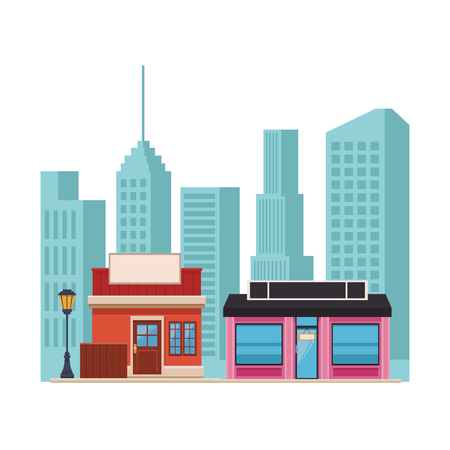 shopping stores in front city landscape cartoon vector illustration graphic designのイラスト素材
