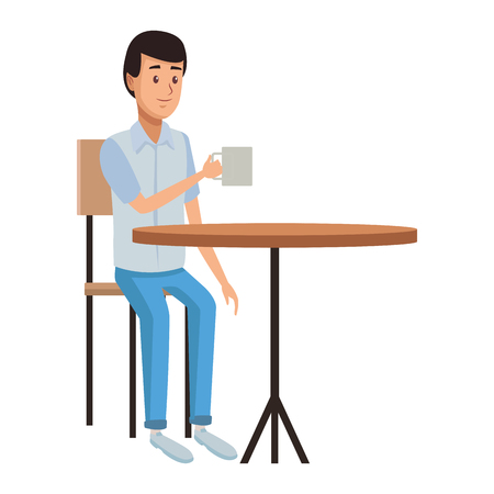 young man drinking coffee with coffee mug over table cartoon vector illustration graphic designのイラスト素材