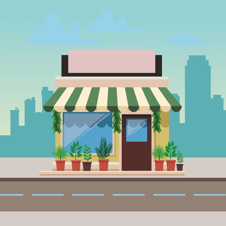 green house in front city landscape cartoon vector illustration graphic designのイラスト素材