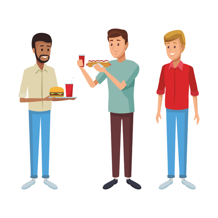 young men eating fast food cartoon vector illustration graphic designのイラスト素材