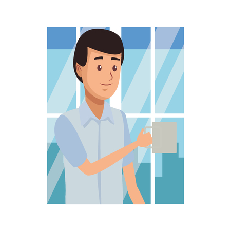 young man holding coffee mug in frotn window cartoon vector illustration graphic designのイラスト素材