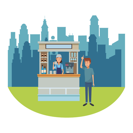 coffee shop at city park in front city landscape cartoon vector illustration graphic designのイラスト素材