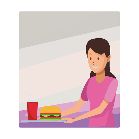 young woman eating fast food cartoon vector illustration graphic designのイラスト素材