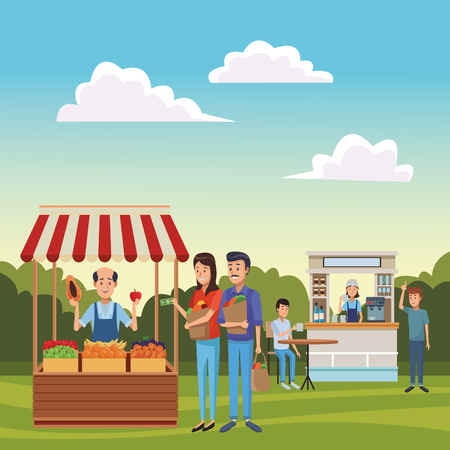 grocery man and fruits stand with clients in front coffee shop cartoon vector illustration graphic designのイラスト素材