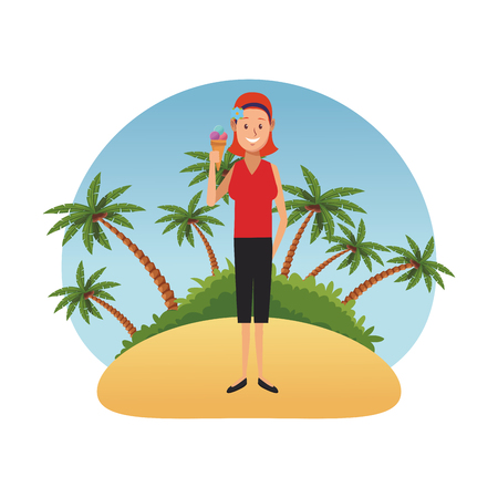young woman with ice cream at summer beach cartoon vector illustration graphic designのイラスト素材