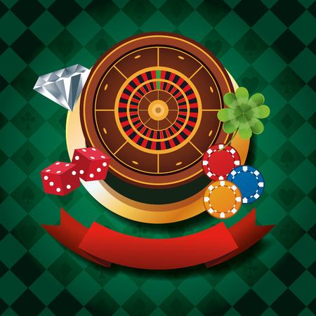 Casino gambling game emblem with ribbon banner green background vector illustration graphic designのイラスト素材