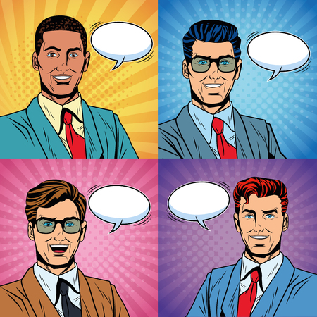Pop art businessmen with blank bubble speechs frames vector illustration graphic designのイラスト素材