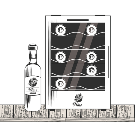 Wine bottle and cooler black and white drawing vector illustration graphic designのイラスト素材