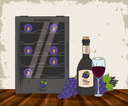 Wine bottle cup and cooler with grapes grunge design vector illustration graphic designのイラスト素材