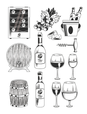 Winery and wine drawings icons in black and white vector illustration graphic designのイラスト素材