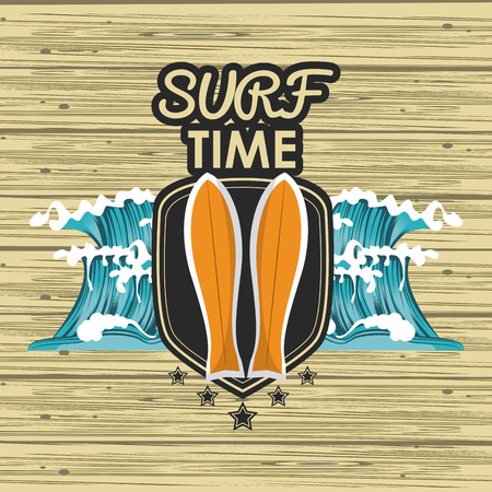 Surf time card tables cartoons over wooden background vector illustration graphic designのイラスト素材