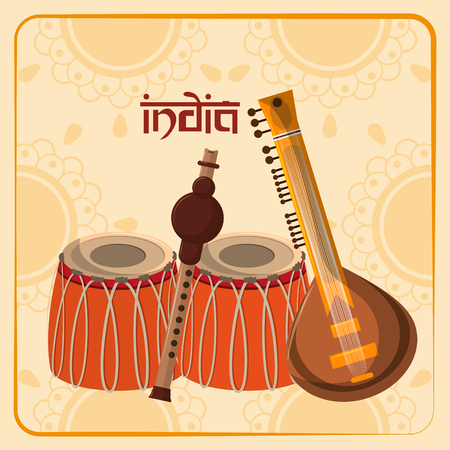 India culture and travel drums guitar and cricket bat vector illustration graphic designのイラスト素材