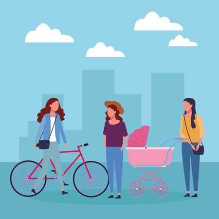 faceless people walking in the city blue scenery vector illustration graphic designのイラスト素材