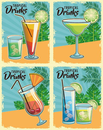 tropical cocktail drinks retro set isolated poster vector illustration graphic designのイラスト素材