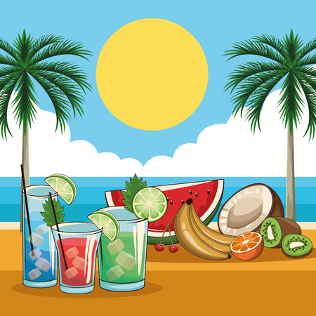 tropical cocktail drinks with fruits over beach background vector illustration graphic designのイラスト素材