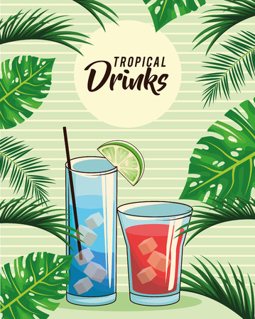 tropical cocktail drinks poster with palm leaves background vector illustration graphic designのイラスト素材