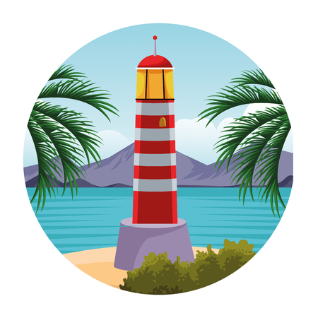 lighthouse and palm trees seashore landscape over isolated white background cartoon vector illustration graphic designのイラスト素材