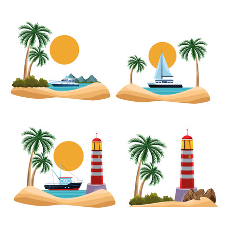 seashore landscape with sailboat and beach chairs cartoon over white background vector illustration graphic designのイラスト素材