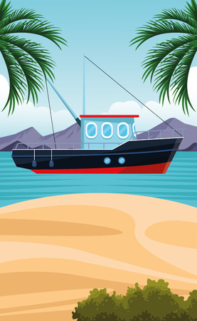 seashore landscape with fishing boat beach scenery cartoon vector illustration graphic designのイラスト素材