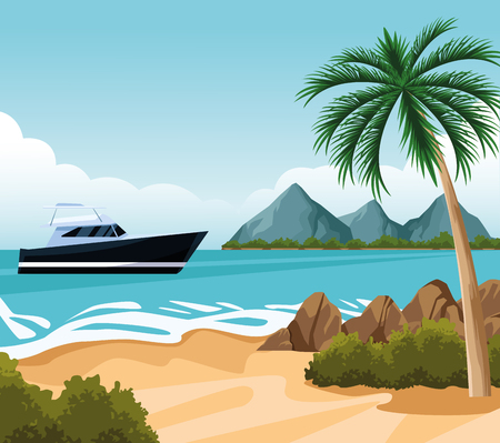 seashore landscape with yacht and mountains cartoon vector illustration graphic designのイラスト素材