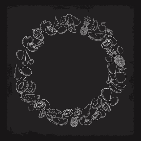 hand drawn fruit summer variety black and white sketch circle outline vector illustration graphic designのイラスト素材