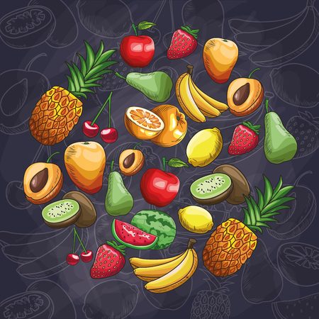 fruit tropical variety colorful in a circle hand drawn over chalk background sketch vector illustration graphic designのイラスト素材