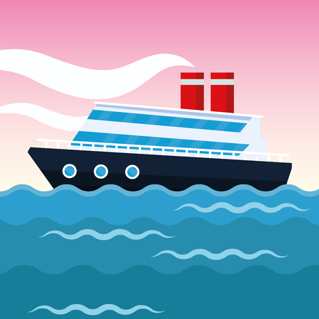 cruise ship over sea waves with pink sky cartoon vector illustration graphic designのイラスト素材
