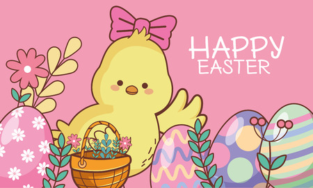 Happy easter banner chicken and eggs with basket vector illustration graphic designのイラスト素材