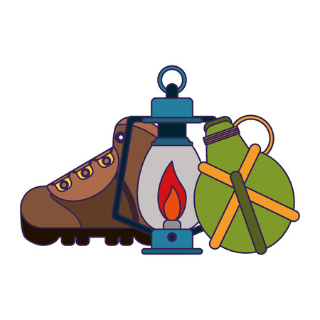 Camping lifestyle equipment boot and bonfire with bottle vector illustration graphic designのイラスト素材