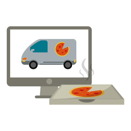 Fast food delivery online computer van pizza vector illustration graphic designのイラスト素材