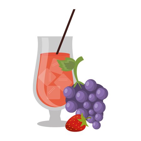 grapes and strawberries natural fruit juice cup with straw vector illustration graphic designのイラスト素材