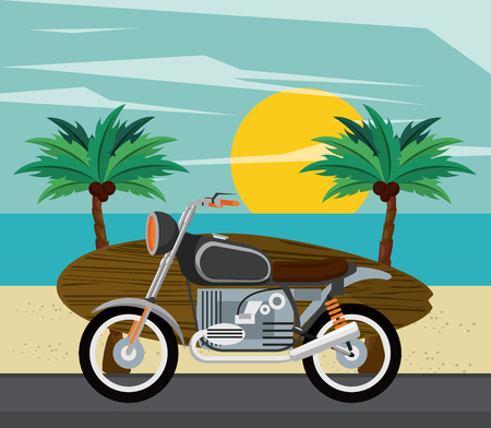 surf time cartoon motor bike with surfboard over sunrise beach background vector illustration graphic designのイラスト素材