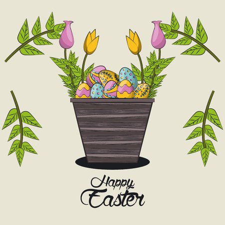 Happy easter day card eggs in basket with flowers vector illustration graphic designのイラスト素材