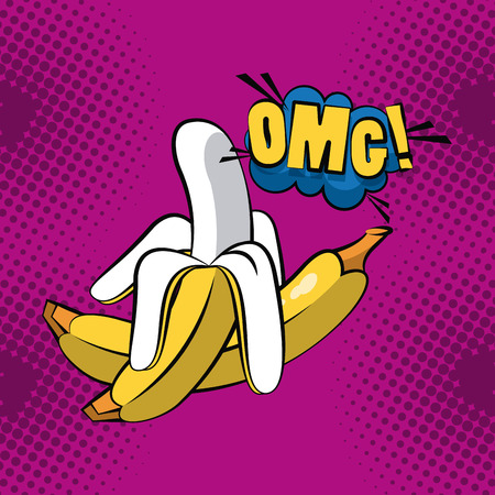 Pop art OMG cartoon bananas purple background vector illustration graphic designのイラスト素材
