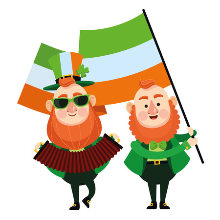 St patricks day elves playing accordion and holding ireland flag cartoons vector illustration graphic designのイラスト素材