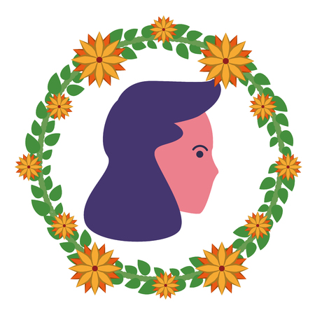 young woman face cartoon  on floral wreath vector illustration graphic designのイラスト素材