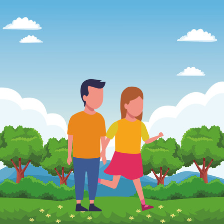 Kids playing boy and girl cartoons at nature park scenery vector illustration graphic designのイラスト素材