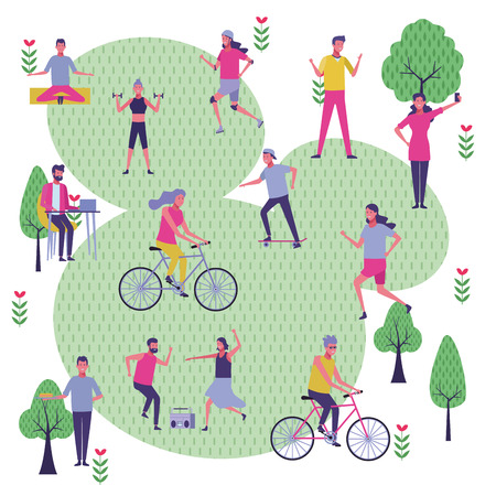 set people in the park dancing exercising with bicycle and skate vector illustration graphic designのイラスト素材