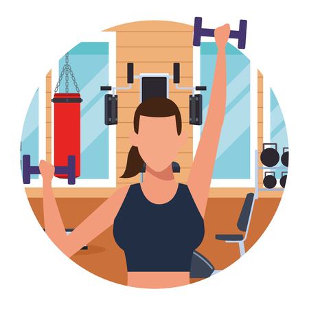 woman in the gym and weight round icon indoor vector illustration graphic designのイラスト素材