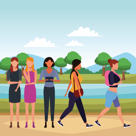 casual people women at nature park cartoon vector illustration graphic designのイラスト素材